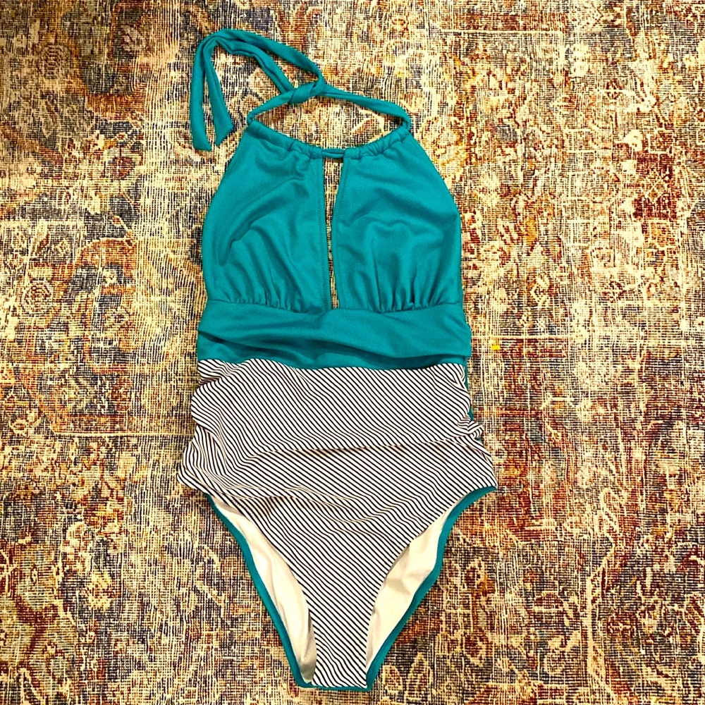 Cupshe one-piece teal with black/white stripes swimsuit NWT